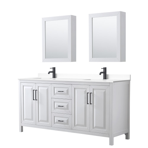 Wyndham WCV252572DWBWCUNSMED Daria 72 Inch Double Bathroom Vanity in White, White Cultured Marble Countertop, Undermount Square Sinks, Matte Black Trim, Medicine Cabinets