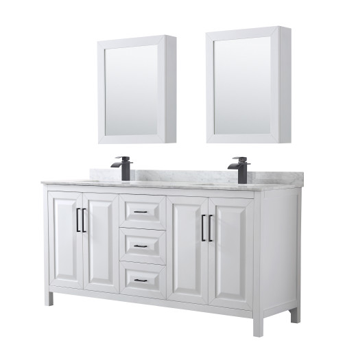 Wyndham WCV252572DWBCMUNSMED Daria 72 Inch Double Bathroom Vanity in White, White Carrara Marble Countertop, Undermount Square Sinks, Matte Black Trim, Medicine Cabinets