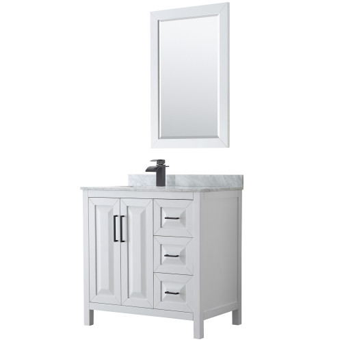 Wyndham WCV252536SWBCMUNSM24 Daria 36 Inch Single Bathroom Vanity in White, White Carrara Marble Countertop, Undermount Square Sink, Matte Black Trim, 24 Inch Mirror
