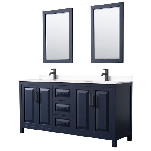 Wyndham WCV252572DBBWCUNSM24 Daria 72 Inch Double Bathroom Vanity in Dark Blue, White Cultured Marble Countertop, Undermount Square Sinks, Matte Black Trim, 24 Inch Mirrors