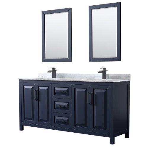 Wyndham WCV252572DBBCMUNSM24 Daria 72 Inch Double Bathroom Vanity in Dark Blue, White Carrara Marble Countertop, Undermount Square Sinks, Matte Black Trim, 24 Inch Mirrors