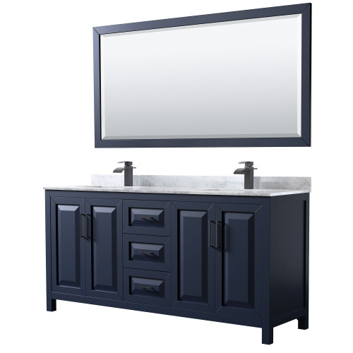 Wyndham WCV252572DBBCMUNSM70 Daria 72 Inch Double Bathroom Vanity in Dark Blue, White Carrara Marble Countertop, Undermount Square Sinks, Matte Black Trim, 70 Inch Mirror