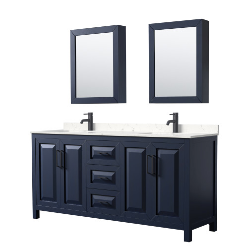 Wyndham WCV252572DBBC2UNSMED Daria 72 Inch Double Bathroom Vanity in Dark Blue, Carrara Cultured Marble Countertop, Undermount Square Sinks, Matte Black Trim, Medicine Cabinets
