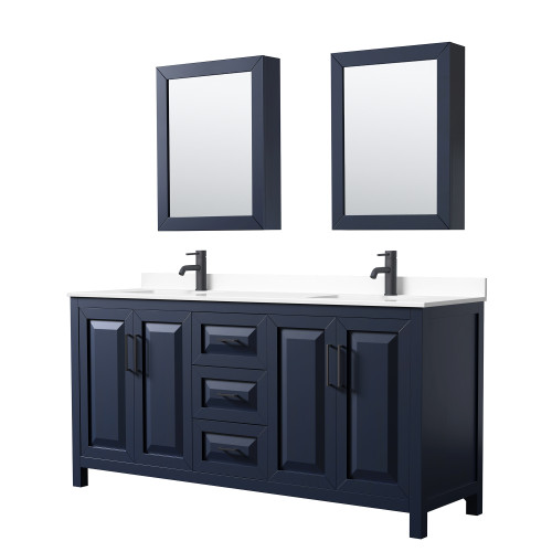 Wyndham WCV252572DBBWCUNSMED Daria 72 Inch Double Bathroom Vanity in Dark Blue, White Cultured Marble Countertop, Undermount Square Sinks, Matte Black Trim, Medicine Cabinets