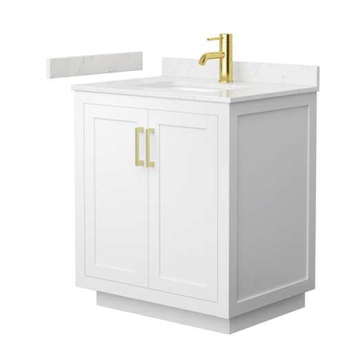 Wyndham WCF292930SWGC2UNSMXX Miranda 30 Inch Single Bathroom Vanity in White, Carrara Cultured Marble Countertop, Undermount Square Sink, Brushed Gold Trim