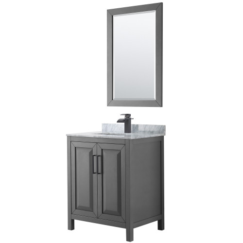 Wyndham WCV252530SGBCMUNSM24 Daria 30 Inch Single Bathroom Vanity in Dark Gray, White Carrara Marble Countertop, Undermount Square Sink, Matte Black Trim, 24 Inch Mirror