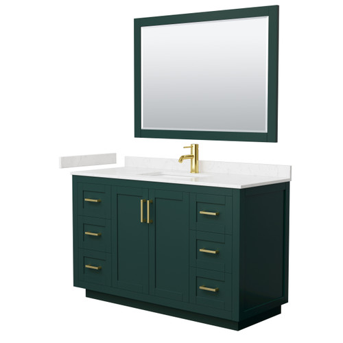 Wyndham WCF292954SGDC2UNSM46 Miranda 54 Inch Single Bathroom Vanity in Green, Carrara Cultured Marble Countertop, Undermount Square Sink, Brushed Gold Trim, 46 Inch Mirror