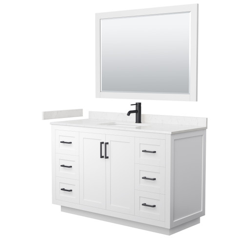 Wyndham WCF292954SWBC2UNSM46 Miranda 54 Inch Single Bathroom Vanity in White, Carrara Cultured Marble Countertop, Undermount Square Sink, Matte Black Trim, 46 Inch Mirror