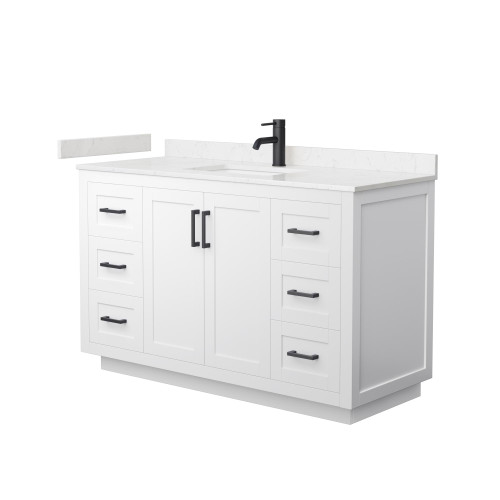 Wyndham WCF292954SWBC2UNSMXX Miranda 54 Inch Single Bathroom Vanity in White, Carrara Cultured Marble Countertop, Undermount Square Sink, Matte Black Trim