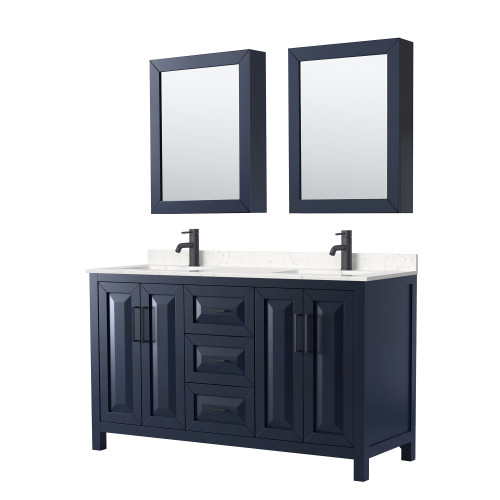 Wyndham WCV252560DBBC2UNSMED Daria 60 Inch Double Bathroom Vanity in Dark Blue, Carrara Cultured Marble Countertop, Undermount Square Sinks, Matte Black Trim, Medicine Cabinets