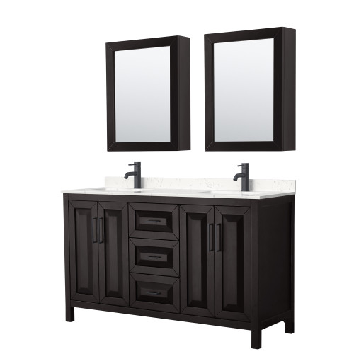 Wyndham WCV252560DEBC2UNSMED Daria 60 Inch Double Bathroom Vanity in Dark Espresso, Carrara Cultured Marble Countertop, Undermount Square Sinks, Matte Black Trim, Medicine Cabinets