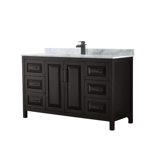 Wyndham WCV252560SEBCMUNSMXX Daria 60 Inch Single Bathroom Vanity in Dark Espresso, White Carrara Marble Countertop, Undermount Square Sink, Matte Black Trim