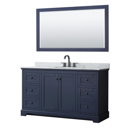 Wyndham WCV232360SBBCMUNOM58 Avery 60 Inch Single Bathroom Vanity in Dark Blue, White Carrara Marble Countertop, Undermount Oval Sink, Matte Black Trim, 58 Inch Mirror