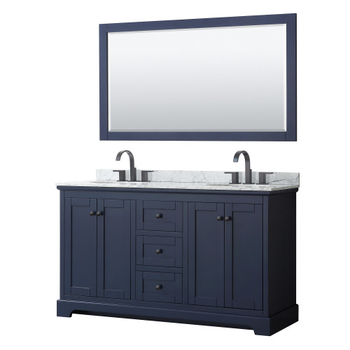 Wyndham WCV232360DBBCMUNOM58 Avery 60 Inch Double Bathroom Vanity in Dark Blue, White Carrara Marble Countertop, Undermount Oval Sinks, Matte Black Trim, 58 Inch Mirror