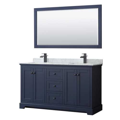 Wyndham WCV232360DBBCMUNSM58 Avery 60 Inch Double Bathroom Vanity in Dark Blue, White Carrara Marble Countertop, Undermount Square Sinks, Matte Black Trim, 58 Inch Mirror