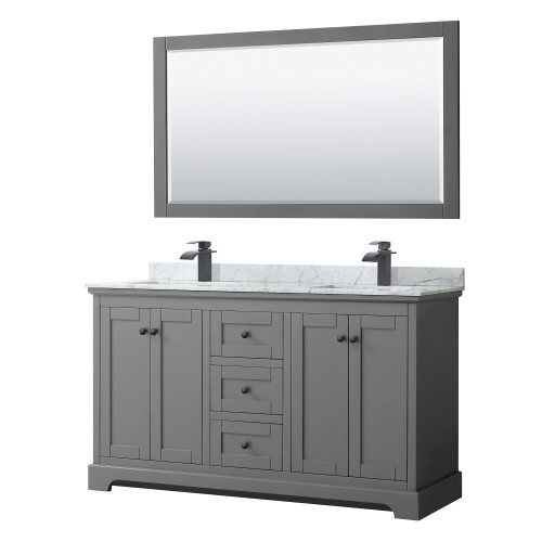 Wyndham WCV232360DGBCMUNSM58 Avery 60 Inch Double Bathroom Vanity in Dark Gray, White Carrara Marble Countertop, Undermount Square Sinks, Matte Black Trim, 58 Inch Mirror