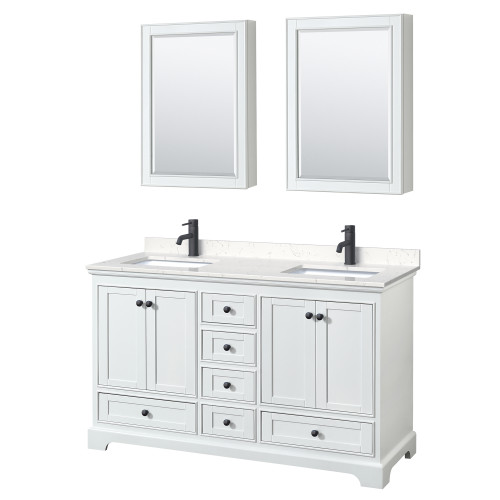 Wyndham WCS202060DWBC2UNSMED Deborah 60 Inch Double Bathroom Vanity in White, Carrara Cultured Marble Countertop, Undermount Square Sinks, Matte Black Trim, Medicine Cabinets