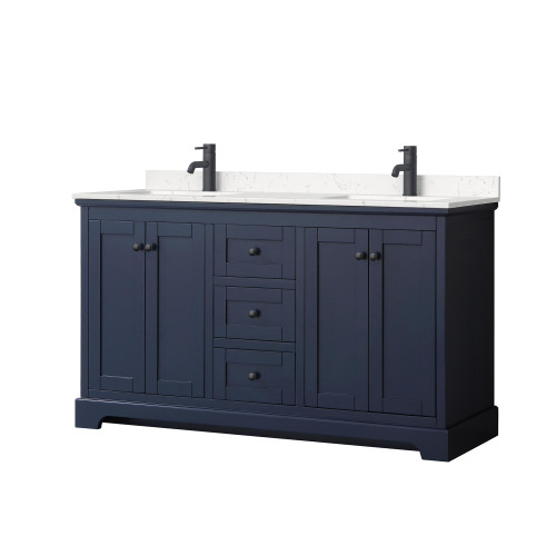 Wyndham WCV232360DBBC2UNSMXX Avery 60 Inch Double Bathroom Vanity in Dark Blue, Carrara Cultured Marble Countertop, Undermount Square Sinks, Matte Black Trim