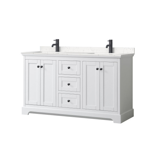 Wyndham WCV232360DWBC2UNSMXX Avery 60 Inch Double Bathroom Vanity in White, Carrara Cultured Marble Countertop, Undermount Square Sinks, Matte Black Trim