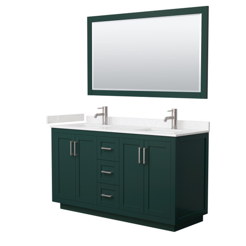 Wyndham WCF292960DGEC2UNSM58 Miranda 60 Inch Double Bathroom Vanity in Green, Carrara Cultured Marble Countertop, Undermount Square Sinks, Brushed Nickel Trim, 58 Inch Mirror