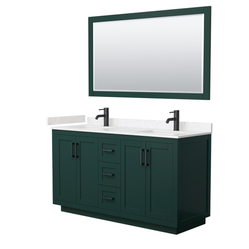 Wyndham WCF292960DGKC2UNSM58 Miranda 60 Inch Double Bathroom Vanity in Green, Carrara Cultured Marble Countertop, Undermount Square Sinks, Matte Black Trim, 58 Inch Mirror