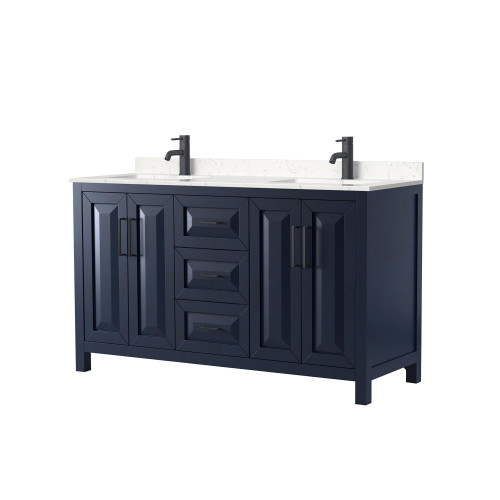 Wyndham WCV252560DBBC2UNSMXX Daria 60 Inch Double Bathroom Vanity in Dark Blue, Carrara Cultured Marble Countertop, Undermount Square Sinks, Matte Black Trim