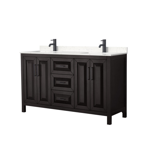 Wyndham WCV252560DEBC2UNSMXX Daria 60 Inch Double Bathroom Vanity in Dark Espresso, Carrara Cultured Marble Countertop, Undermount Square Sinks, Matte Black Trim