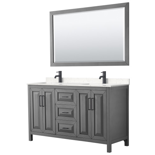 Wyndham WCV252560DGBC2UNSM58 Daria 60 Inch Double Bathroom Vanity in Dark Gray, Carrara Cultured Marble Countertop, Undermount Square Sinks, Matte Black Trim, 58 Inch Mirror