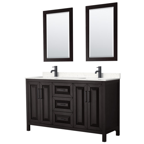 Wyndham WCV252560DEBC2UNSM24 Daria 60 Inch Double Bathroom Vanity in Dark Espresso, Carrara Cultured Marble Countertop, Undermount Square Sinks, Matte Black Trim, 24 Inch Mirrors