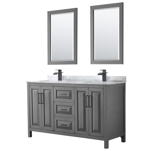 Wyndham WCV252560DGBCMUNSM24 Daria 60 Inch Double Bathroom Vanity in Dark Gray, White Carrara Marble Countertop, Undermount Square Sinks, Matte Black Trim, 24 Inch Mirrors