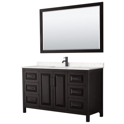 Wyndham WCV252560SEBC2UNSM58 Daria 60 Inch Single Bathroom Vanity in Dark Espresso, Carrara Cultured Marble Countertop, Undermount Square Sink, Matte Black Trim, 58 Inch Mirror