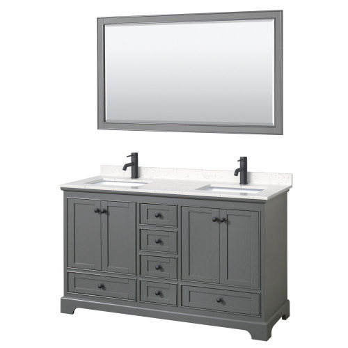 Wyndham WCS202060DGBC2UNSM58 Deborah 60 Inch Double Bathroom Vanity in Dark Gray, Carrara Cultured Marble Countertop, Undermount Square Sinks, Matte Black Trim, 58 Inch Mirror