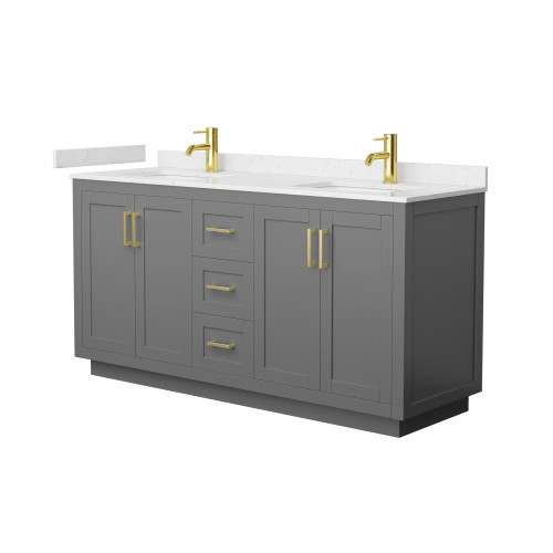Wyndham WCF292966DGGC2UNSMXX Miranda 66 Inch Double Bathroom Vanity in Dark Gray, Carrara Cultured Marble Countertop, Undermount Square Sinks, Brushed Gold Trim