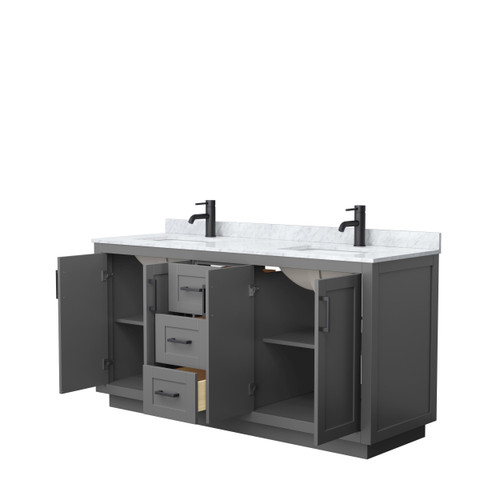 Wyndham WCF292966DGBCMUNSMXX Miranda 66 Inch Double Bathroom Vanity in Dark Gray, White Carrara Marble Countertop, Undermount Square Sinks, Matte Black Trim