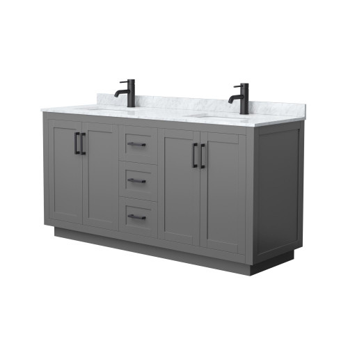 Wyndham WCF292966DGBCMUNSMXX Miranda 66 Inch Double Bathroom Vanity in Dark Gray, White Carrara Marble Countertop, Undermount Square Sinks, Matte Black Trim