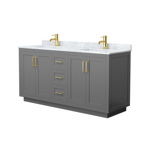 Wyndham WCF292966DGGCMUNSMXX Miranda 66 Inch Double Bathroom Vanity in Dark Gray, White Carrara Marble Countertop, Undermount Square Sinks, Brushed Gold Trim