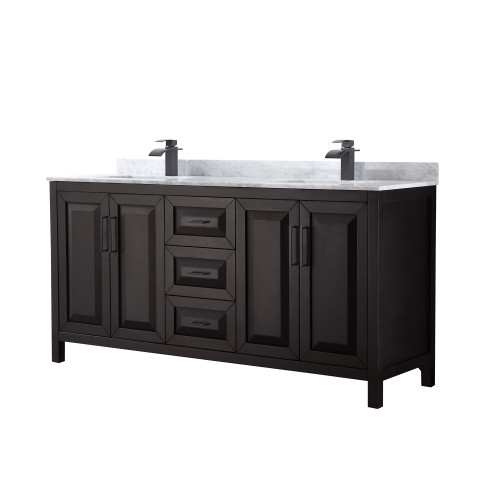 Wyndham WCV252572DEBCMUNSMXX Daria 72 Inch Double Bathroom Vanity in Dark Espresso, White Carrara Marble Countertop, Undermount Square Sinks, Matte Black Trim