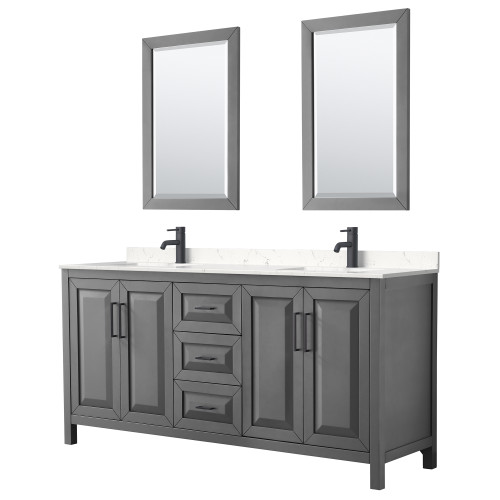 Wyndham WCV252572DGBC2UNSM24 Daria 72 Inch Double Bathroom Vanity in Dark Gray, Carrara Cultured Marble Countertop, Undermount Square Sinks, Matte Black Trim, 24 Inch Mirrors