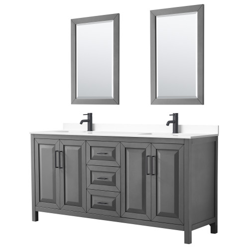 Wyndham WCV252572DGBWCUNSM24 Daria 72 Inch Double Bathroom Vanity in Dark Gray, White Cultured Marble Countertop, Undermount Square Sinks, Matte Black Trim, 24 Inch Mirrors
