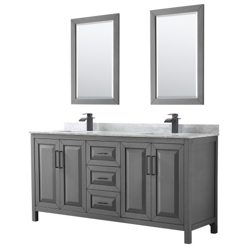 Wyndham WCV252572DGBCMUNSM24 Daria 72 Inch Double Bathroom Vanity in Dark Gray, White Carrara Marble Countertop, Undermount Square Sinks, Matte Black Trim, 24 Inch Mirrors