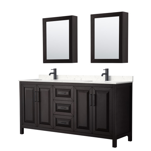 Wyndham WCV252572DEBC2UNSMED Daria 72 Inch Double Bathroom Vanity in Dark Espresso, Carrara Cultured Marble Countertop, Undermount Square Sinks, Matte Black Trim, Medicine Cabinets
