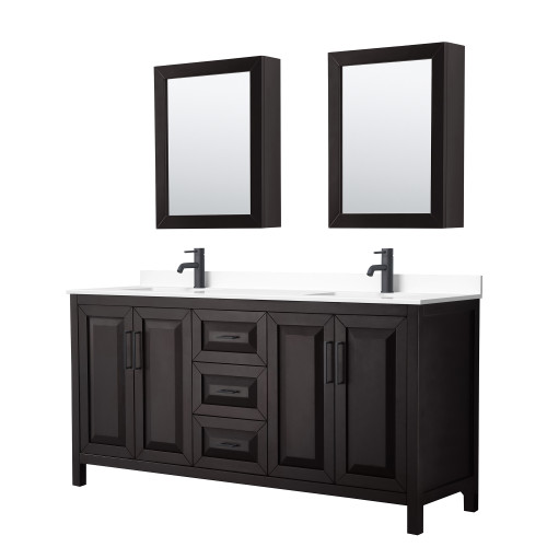 Wyndham WCV252572DEBWCUNSMED Daria 72 Inch Double Bathroom Vanity in Dark Espresso, White Cultured Marble Countertop, Undermount Square Sinks, Matte Black Trim, Medicine Cabinets