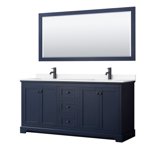 Wyndham WCV232372DBBWCUNSM70 Avery 72 Inch Double Bathroom Vanity in Dark Blue, White Cultured Marble Countertop, Undermount Square Sinks, Matte Black Trim, 70 Inch Mirror