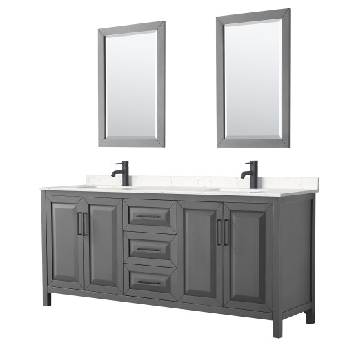 Wyndham WCV252580DGBC2UNSM24 Daria 80 Inch Double Bathroom Vanity in Dark Gray, Carrara Cultured Marble Countertop, Undermount Square Sinks, Matte Black Trim, 24 Inch Mirrors