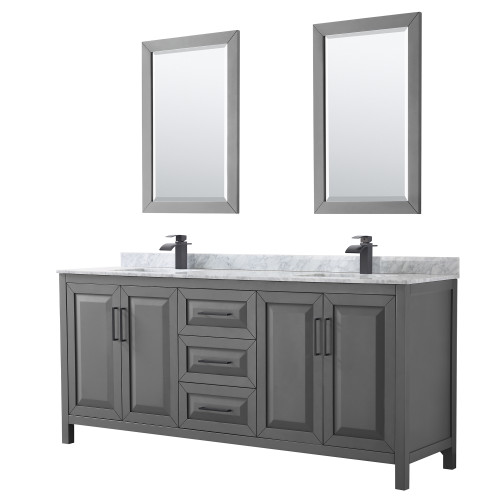 Wyndham WCV252580DGBCMUNSM24 Daria 80 Inch Double Bathroom Vanity in Dark Gray, White Carrara Marble Countertop, Undermount Square Sinks, Matte Black Trim, 24 Inch Mirrors