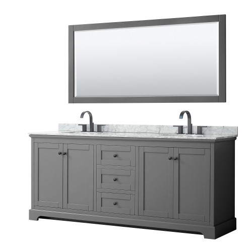 Wyndham WCV232380DGBCMUNOM70 Avery 80 Inch Double Bathroom Vanity in Dark Gray, White Carrara Marble Countertop, Undermount Oval Sinks, Matte Black Trim, 70 Inch Mirror