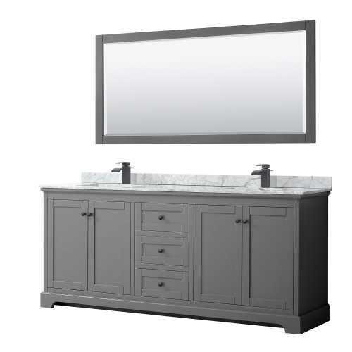 Wyndham WCV232380DGBCMUNSM70 Avery 80 Inch Double Bathroom Vanity in Dark Gray, White Carrara Marble Countertop, Undermount Square Sinks, Matte Black Trim, 70 Inch Mirror