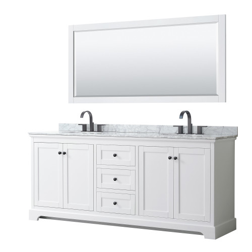 Wyndham WCV232380DWBCMUNOM70 Avery 80 Inch Double Bathroom Vanity in White, White Carrara Marble Countertop, Undermount Oval Sinks, Matte Black Trim, 70 Inch Mirror