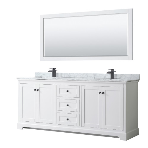Wyndham WCV232380DWBCMUNSM70 Avery 80 Inch Double Bathroom Vanity in White, White Carrara Marble Countertop, Undermount Square Sinks, Matte Black Trim, 70 Inch Mirror