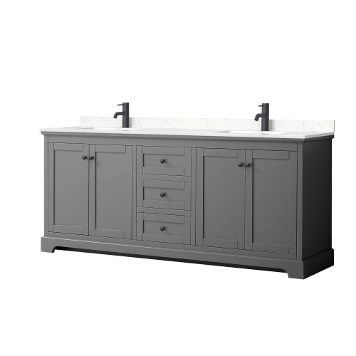 Wyndham WCV232380DGBC2UNSMXX Avery 80 Inch Double Bathroom Vanity in Dark Gray, Carrara Cultured Marble Countertop, Undermount Square Sinks, Matte Black Trim
